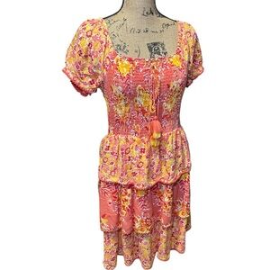 Margaux Riviera Smocked Bust Orange Pink Floral Tiered Dress Cottagecore